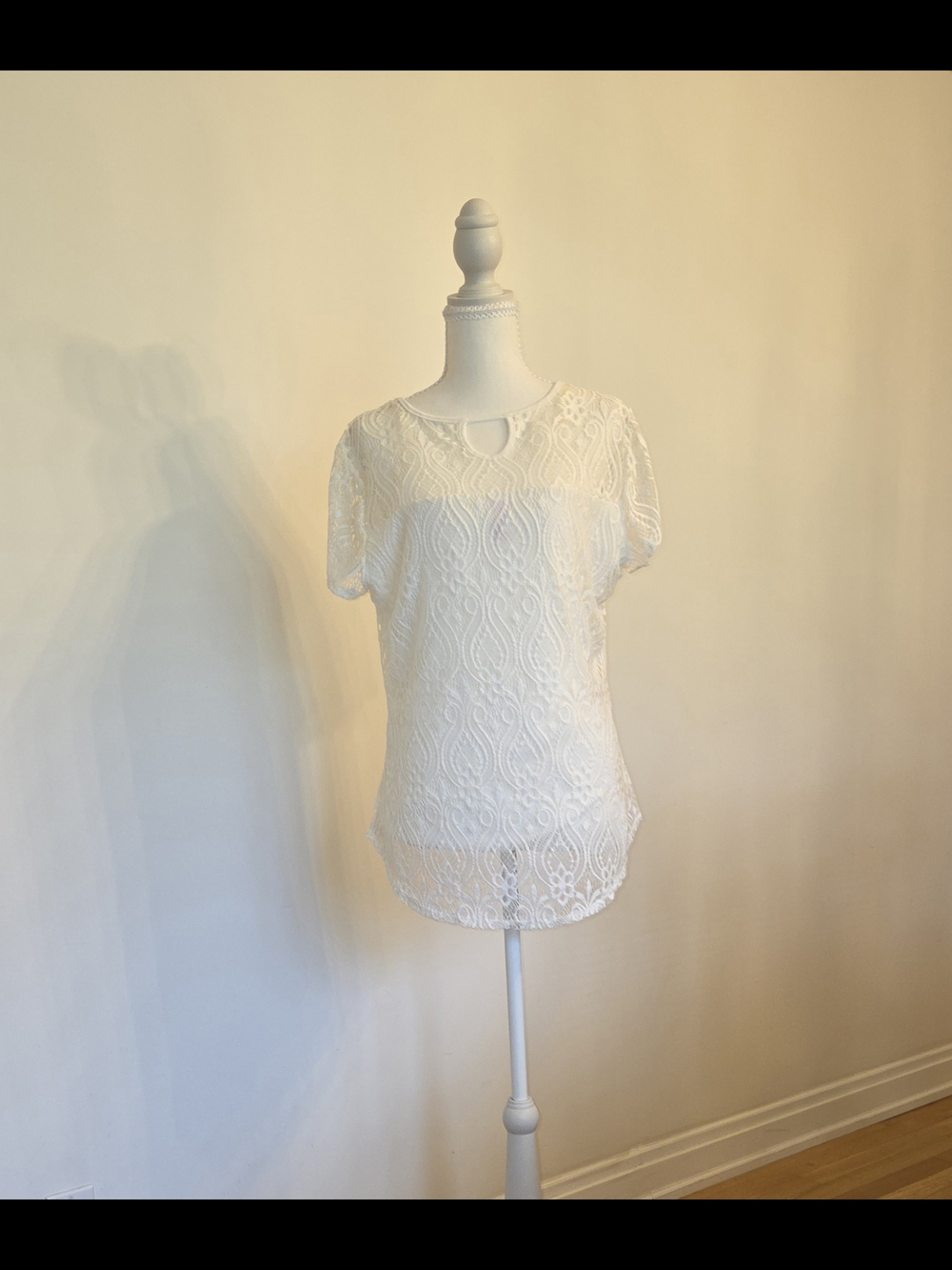 No Boundaries Cream Color Lace Short Sleeve Blouse with Keyhole